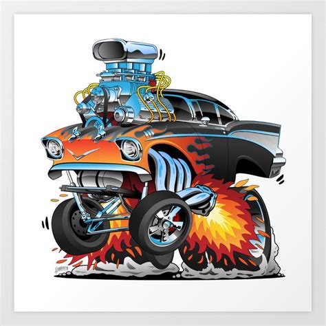 Classic Hot Rod 57 Gasser Drag Racing Muscle Car Cartoon