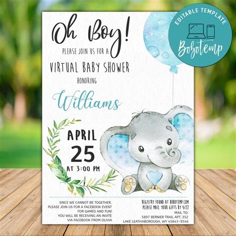 Editable Oh Boy Elephant Baby Shower Invitation Instant Download
