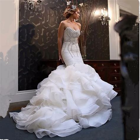 Crystal Beaded Organza Wedding Gown With Train Sexy Sweetheart Off Shoulder Mermaid Wedding