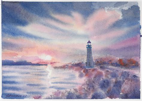 Lighthouse Painting Seascape Original Art Sunrise Beach Etsy
