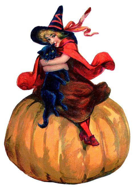 Vintage Halloween Image Adorable Witch With Pumpkin The Graphics Fairy