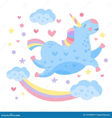 Cute Rainbow Unicorn In The Clouds Vector Illustration Stock Vector