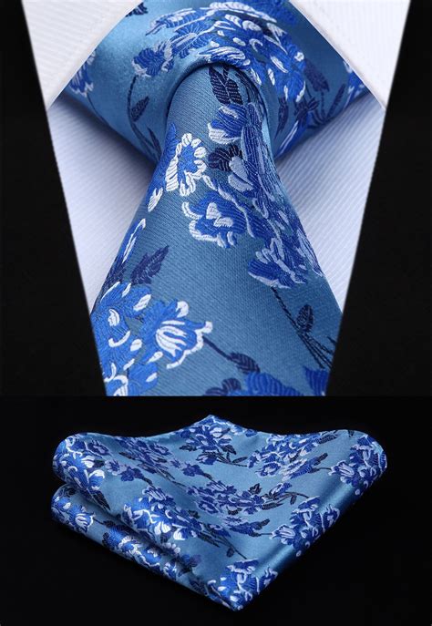 tf806b8s blue white floral 3 4 silk tie pocket square party wedding handkerchief set woven
