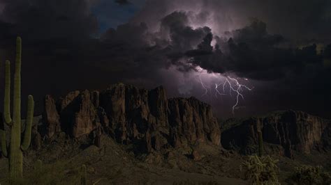 Arizona Mountain Rock Lightning The Storm Sky Clouds