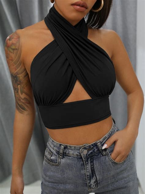 Solid Cross Crop Halter Top Shein Usa Cropped Tops Black Crop Tops Cropped Top Outfits