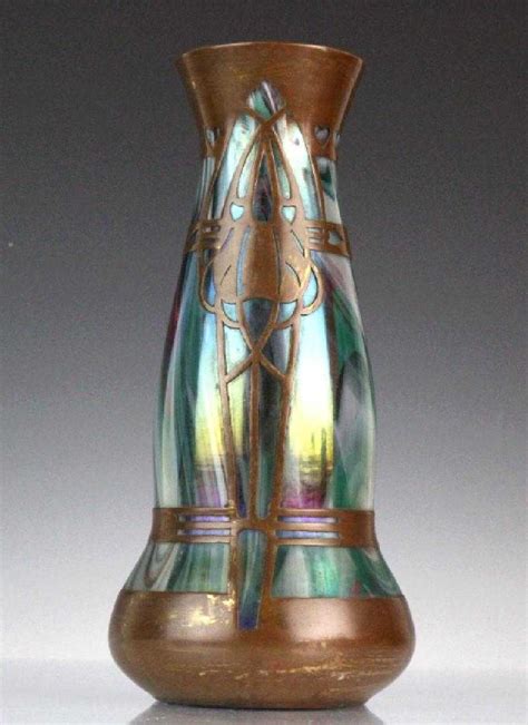 Style Of Koloman Moser Art Glass Copper Vase