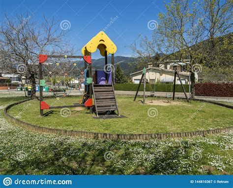 Children`s Playground With Swings And Slide Stock Image Image Of