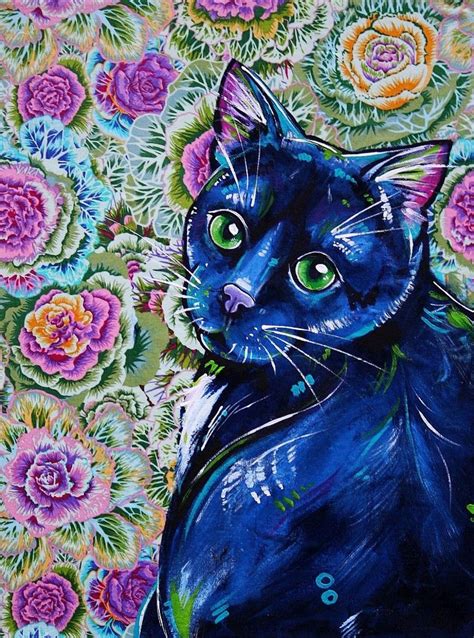 Black Cat Art Print Cat Wall Decor Feline Art Floral Cat Etsy