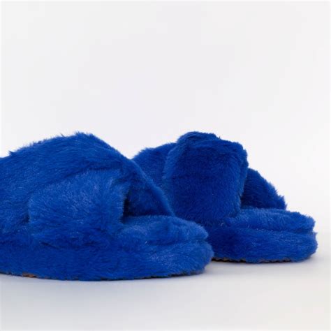 Camila Blue Fluffy Faux Fur Cross Strap Slippers Simmi London