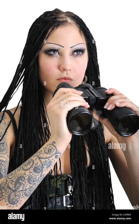 Young Stylish Woman With Binoculars Isolated On White Stock Photo Alamy