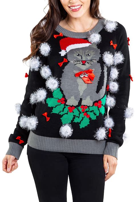 Womens Ugly Cat Christmas Sweater W Bells Tipsy Elves
