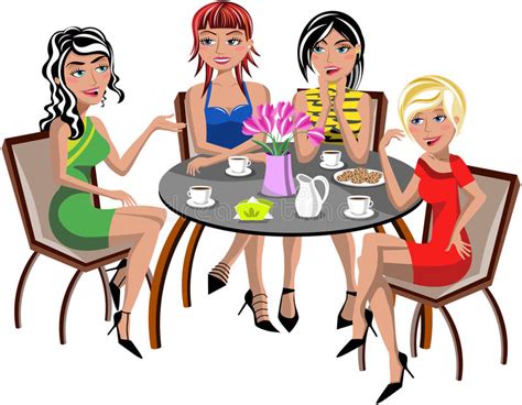 Chatting Women Sitting Table Coffee Tea Isolated Stock Vector