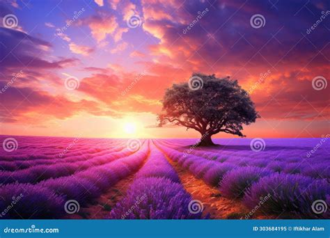 Lavender Field At Sunset With Lonely Tree 3d Render Stunning Lavender