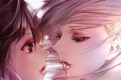 Girls And Two Almost Kiss Close Up Anime Romance Living