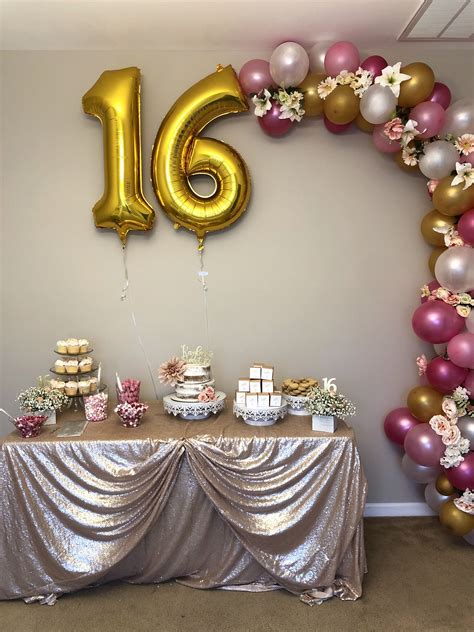 Sweet 16 Balloon Arch With Flowers 16 Balloons Sweet 16 Party