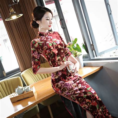 velvet women winter flora print chinese traditional dress long cheongsam qipao china oriental