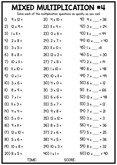 Multiplication Worksheets 1 12 Test
