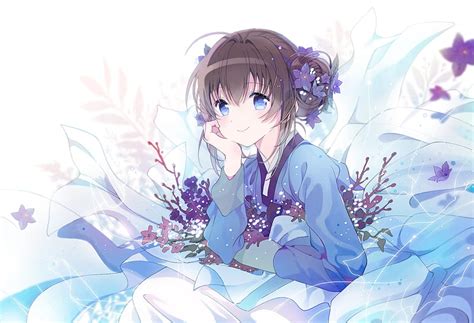Anime Girl Traditional Clothes Smiling Blue Eyes Brown Hair Anime