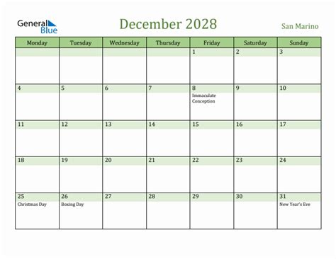 Fillable Holiday Calendar For San Marino December 2028