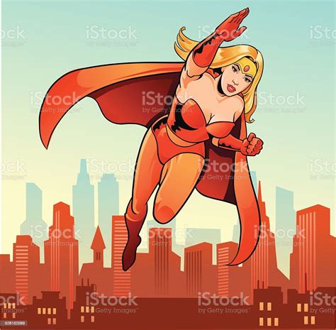 Flying Female Super Hero With City Skyline Stock Illustration