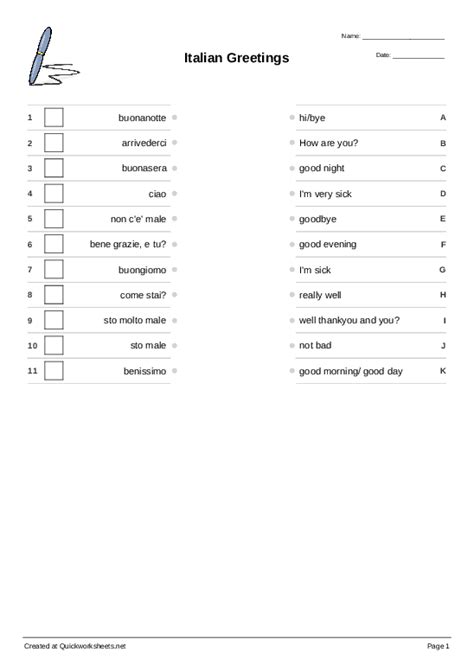 Italian Greetings Matching Pairs Worksheet Quickworksheets