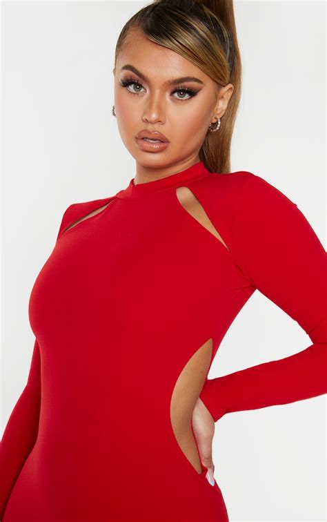 Red Long Sleeve Cut Out Bodycon Dress Prettylittlething