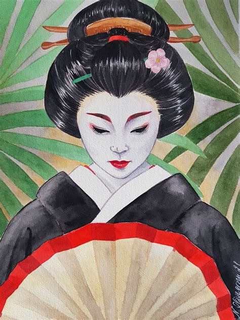 Geisha Painting Asian Original Art Watercolor Artwork Japanese Etsy
