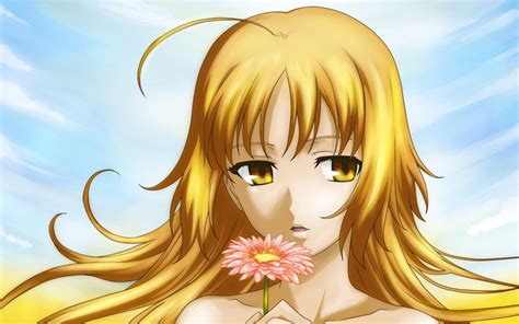 Yellow Eyed And Yellow Haired Female Anime Character Holding Flower Hd