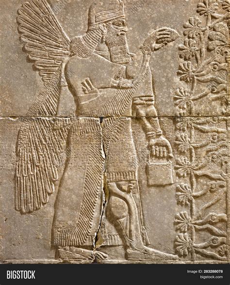 Assyrian Wall Relief Of A Winged Genius With Cuneiform Ancient Carving