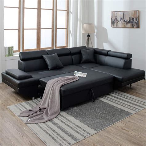 2pc Sleeper Sectional Sofa Black Faux Leather Corner Sofa Bed Living