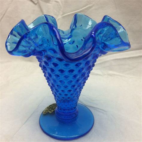 Vintage Blue Fenton Glass Hobnail Mini Trumpet Vase Ruffled Edge 4
