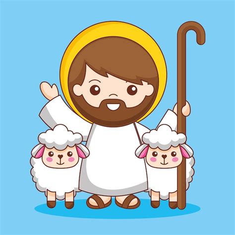 Jesús Con Bastón Y Ovejas Ilustración De Dibujos Animados Vector Premium