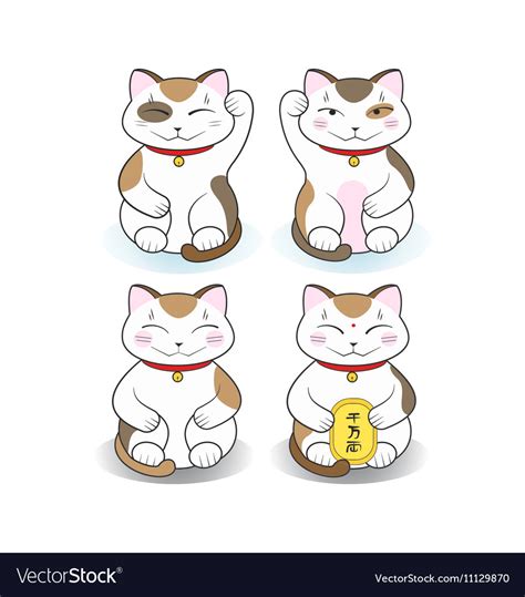 Kawaii Maneki Neko Lucky Cats Set Of Four Vector Image