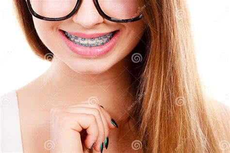 Happy Nerdy Teenage With Brace Wearing Eyeglasses Stock Photo Image