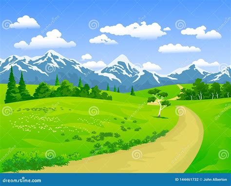 Mountain Landscape With Green Meadow Stock Illustration Illustration