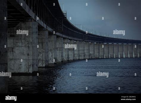 The Concrete Pillars Holding Up The Öresund Bridge On A Dark Gloomy Day