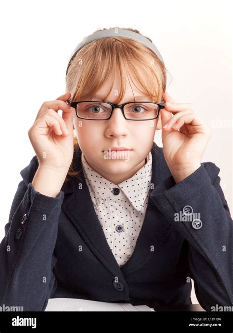 Little Blond Schoolgirl With Glasses Closeup Studio Portrait Stock