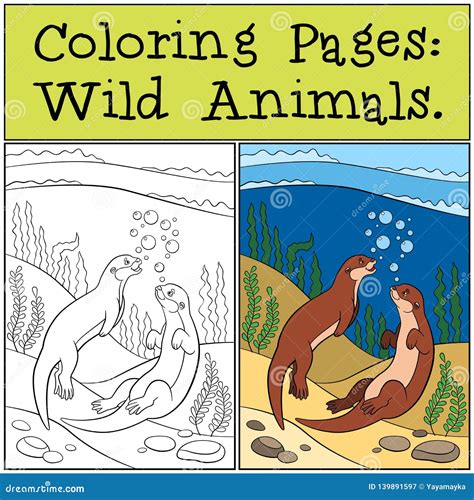 Coloring Pages Wild Animals Little Cute Otter Smiles Cartoon Vector