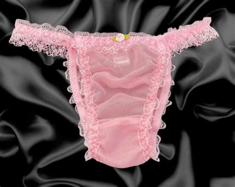 Nylon Frilly Sissy Sheer Briefs Satin Rose Lace Trim Panties Knickers