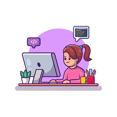 This is certainly modern creation. Cute girl working on computer cartoon vector icon ...