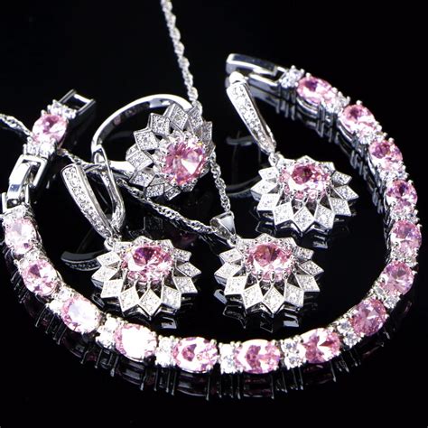 Pink Zircon Bridal Wedding Jewelry Sets Costume Stone Earrings For