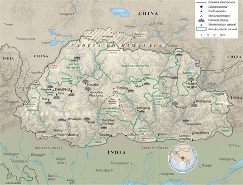 Compartir cualquier lugar, el tiempo, calles, carreteras y edificios, ciudades listas. Mapa de Butão - Físico