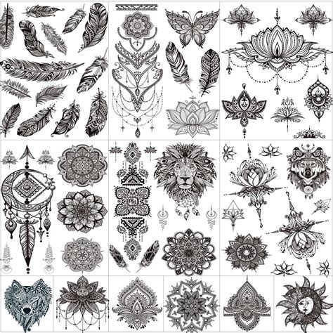 Buy 12 Sheets Black Henna Temporary Tattoos For Adults Women Girls Feather Mandala Flower Body