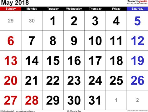 May 2018 Calendars For Word Excel And Pdf