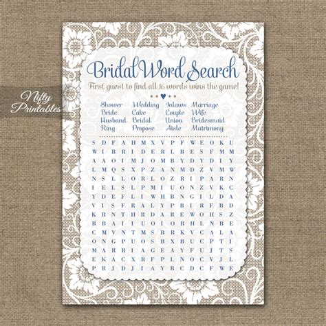 Printable Bridal Shower Word Search Game White Lace