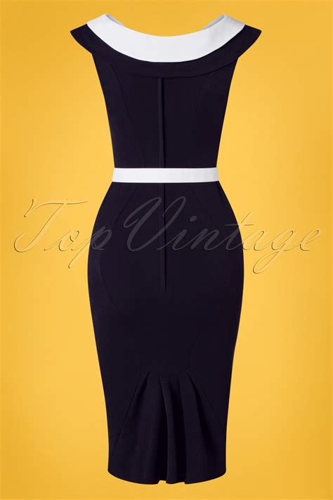 50s Abigail Wiggle Dress In Navy And White