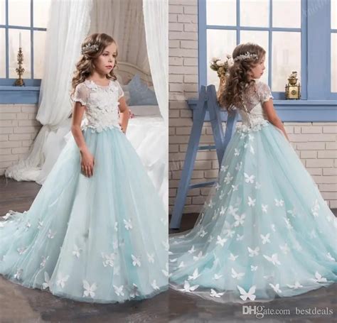 2017 Light Blue Lace Puffy Tulle Flower Girls Dresses For Weddings Long