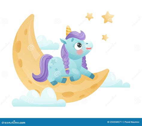 Cute Unicorn With Twisted Horn And Mane Sitting On Crescent Watching