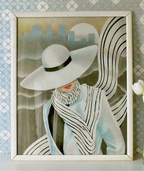 A Painting Of A Woman Wearing A White Hat And Scarf In Front Of A Cityscape