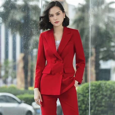Work Pant Suits Ol 2 Piece Set Women Business Interview Red Double Breasted Suit Set Slim Blazer